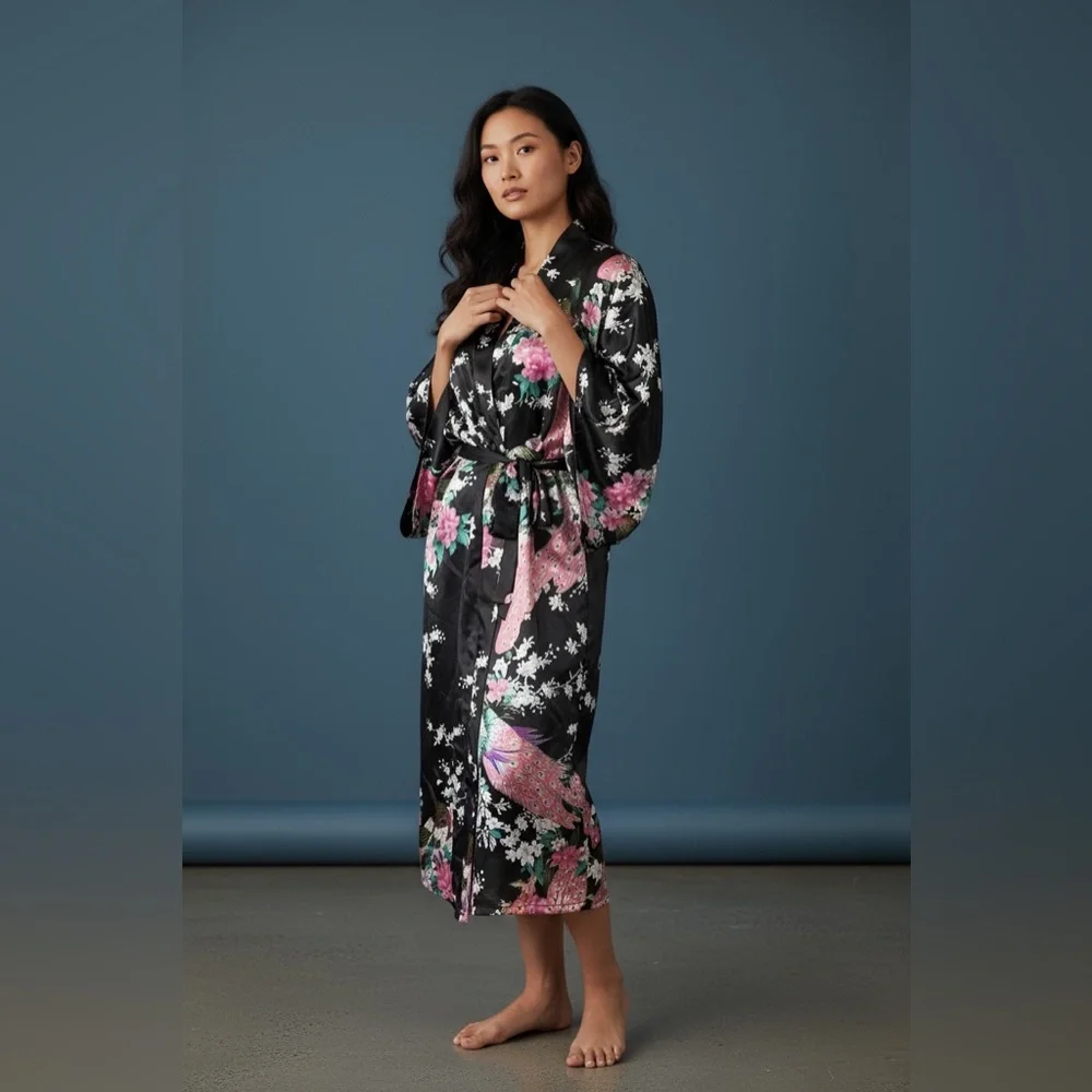 Japanese Long Kimono Robe Floral Satin Dressing Gown Retro Cherry Blossoms Pink - Picture 7 of 7